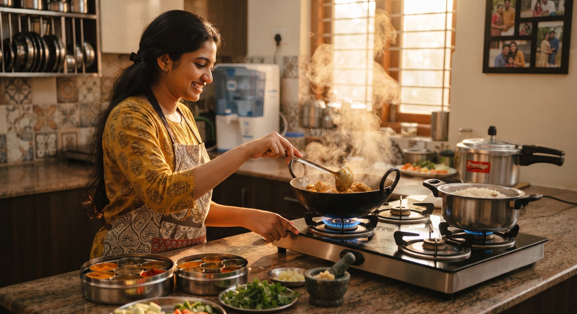 Chef cooking on a gas stove in a modern kitchen